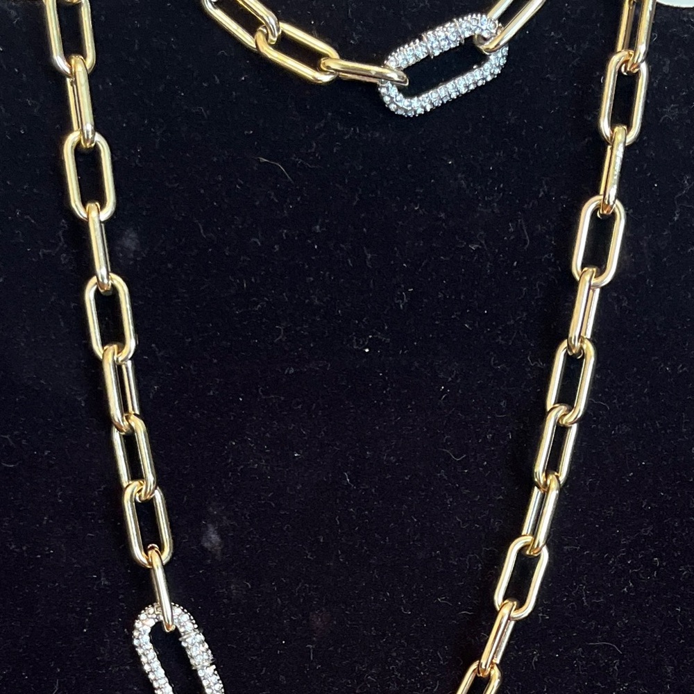 Rj Graziano Paperclip, rhinestone carabiner, Gold tone Necklace & Bracelet Set.